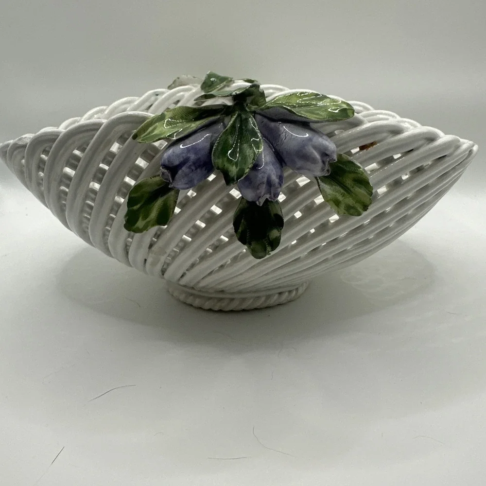 Vintage ItalianCeramic Basket Bowl White Woven Floral Yellow And Purple Green
